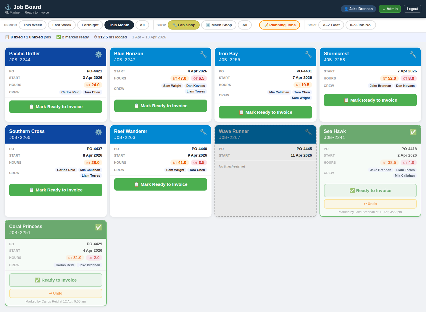 RL Marine Job Board — timesheet and job management dashboard